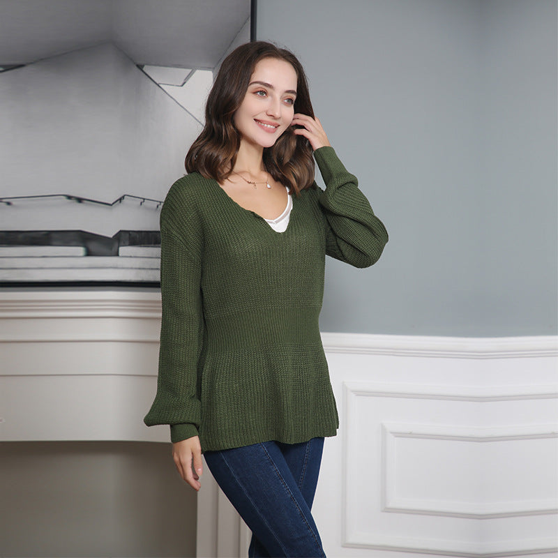 Women's Loose Fine Knit Sweater with V Notch Neckline, Fitted Ribbed Hem and Balloon Sleeves Chichicherry
