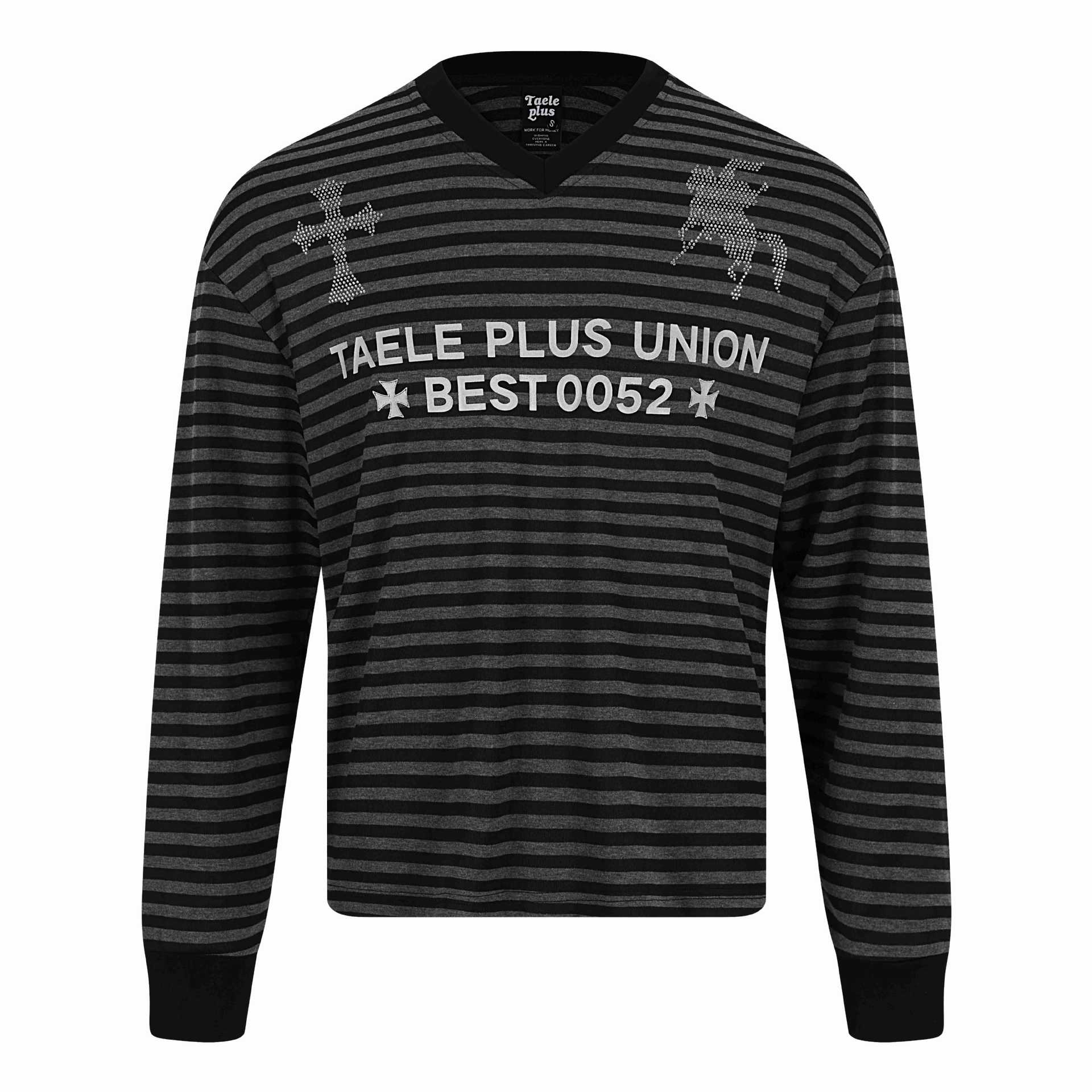 Unisex Striped Long Sleeve Sweater with V-Neck and Rhinestone Applications Chichicherry