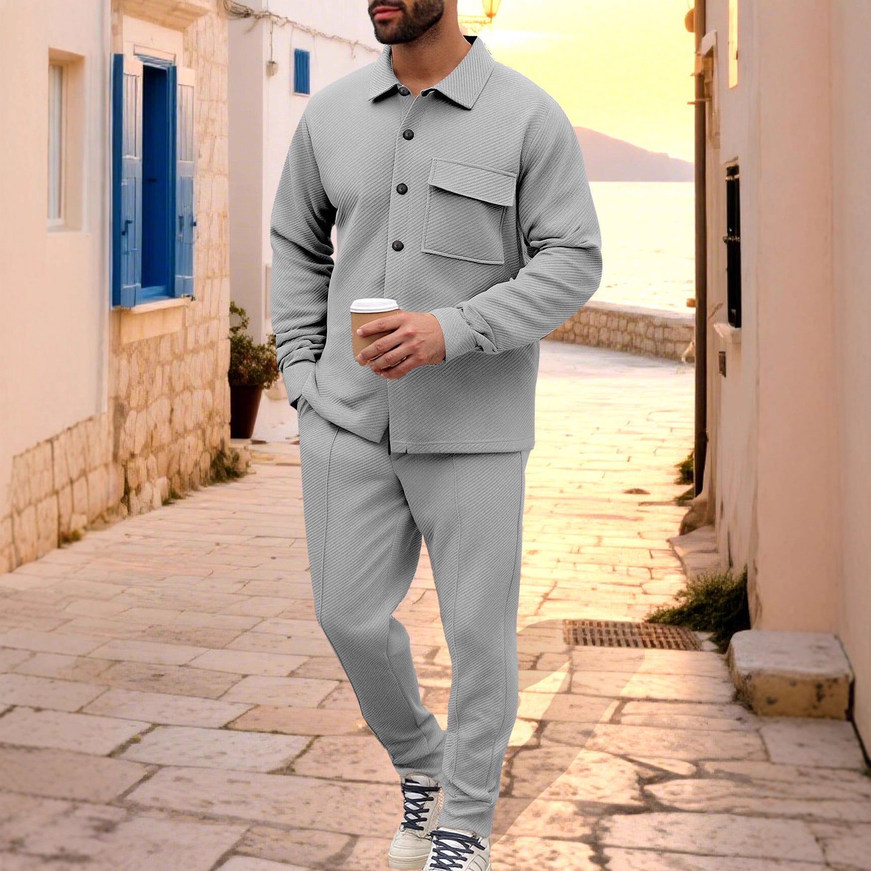 Men's Comfort Two-Piece Waffle Structure Shirt Jacket with Flap Pocket and Relaxed Cuff Pants Chichicherry