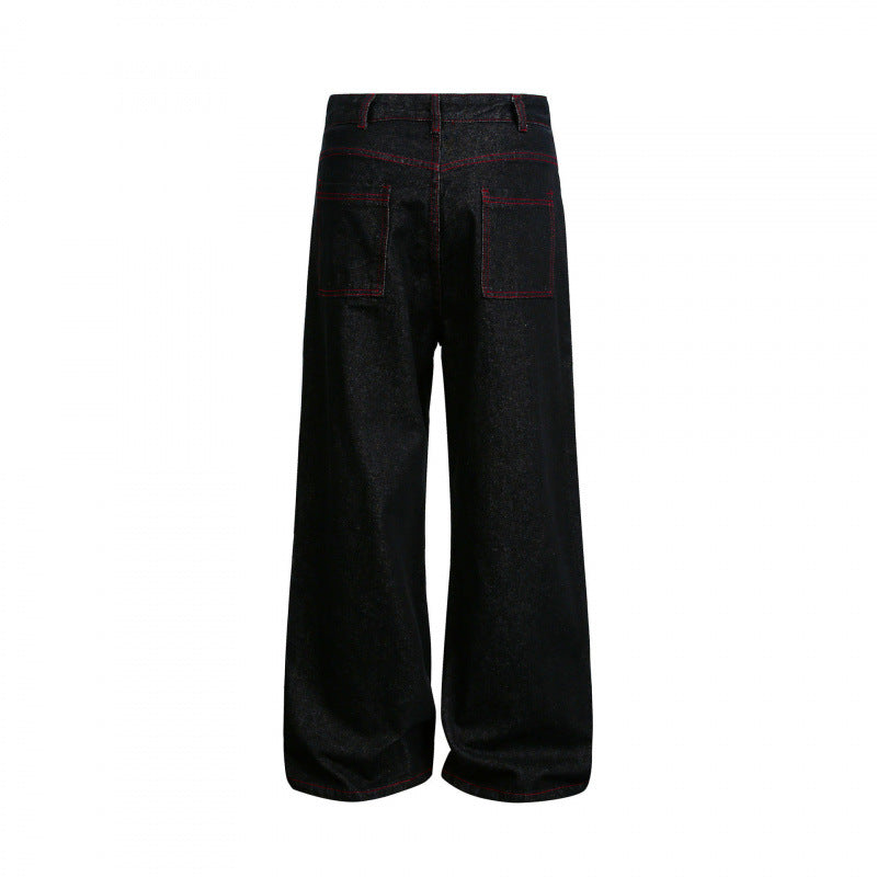 Women Wide High-Waist Denim Pants in Utility Look with Contrast Stitching Chichicherry