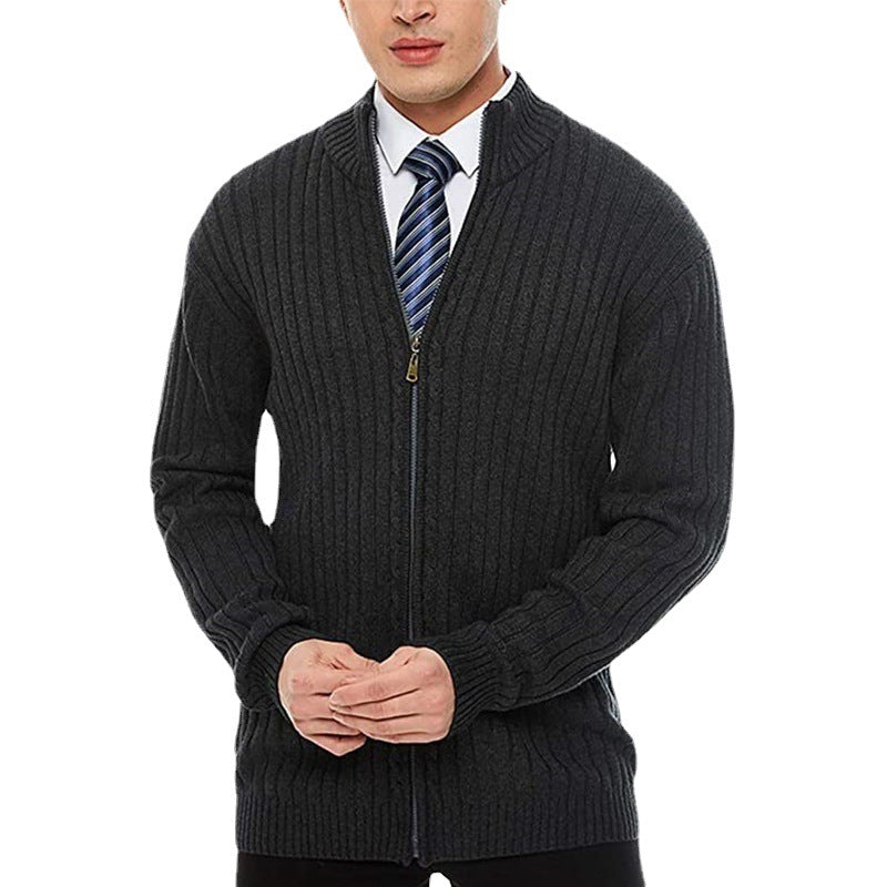 Men's fine-knit cardigan with full-length zipper, stand-up collar, and distinctive ribbed texture Chichicherry