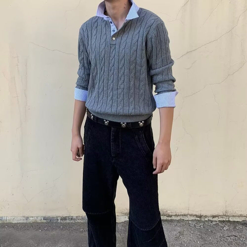 Herren Kabelstrickpullover mit Hemdkragen-Layering-Effekt Chichicherry