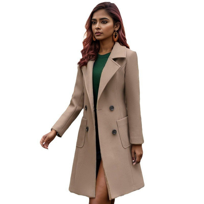 Women's classic tailored wool blend coat in long fit with shawl collar and flap pockets Chichicherry