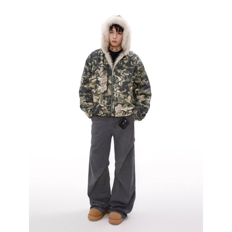 Herren Warmer gefütterter Camouflage-Bomber mit Kapuze und Kunstfellbesatz Chichicherry