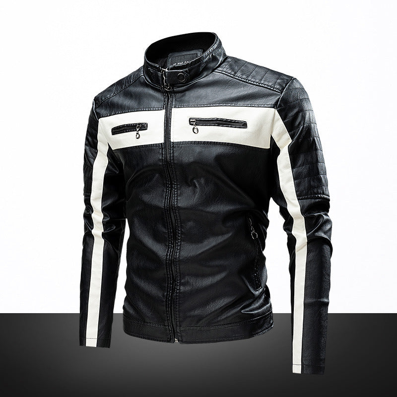 Men's Slim-Fit Biker Jacket in Retro Racing Look with Stand-Up Collar and Quilted Shoulder Area Chichicherry
