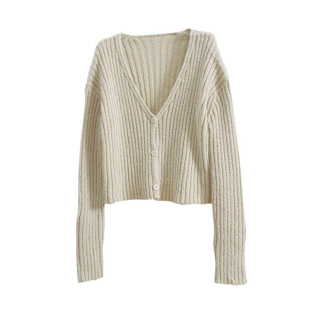Women's Knitted V-Neck Cardigan in a distinctive ribbed pattern with short length and casual sleeves Chichicherry