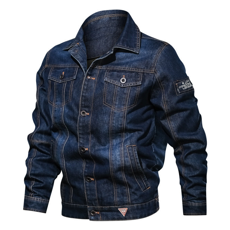 Men's Robust Denim Trucker Jacket in Vintage Washed Look with Contrast Stitching Chichicherry