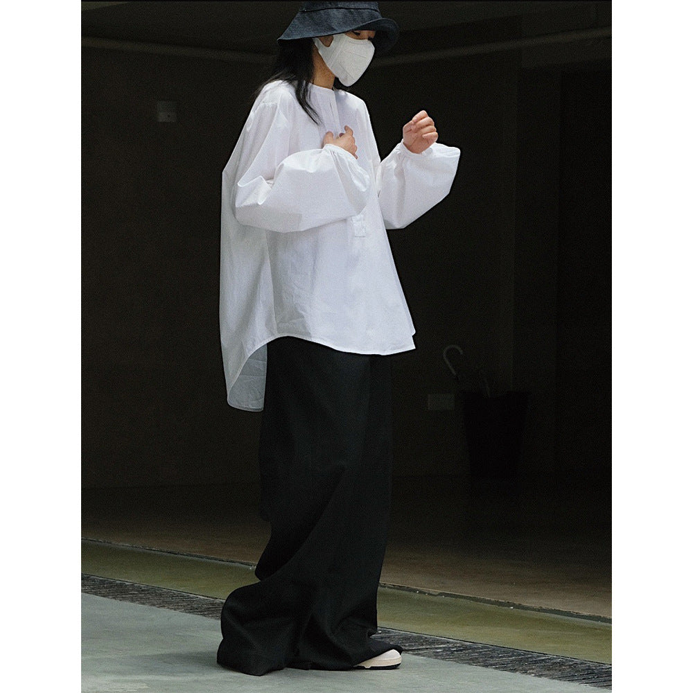 Women's Long Cut Poplin Tunic with Hidden Button Placket and Voluminous Balloon Sleeves Chichicherry