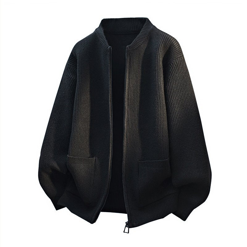 Men's Oversized Cardigan with Two-Way Zipper, Ribbed Hem and Patch Pockets Chichicherry