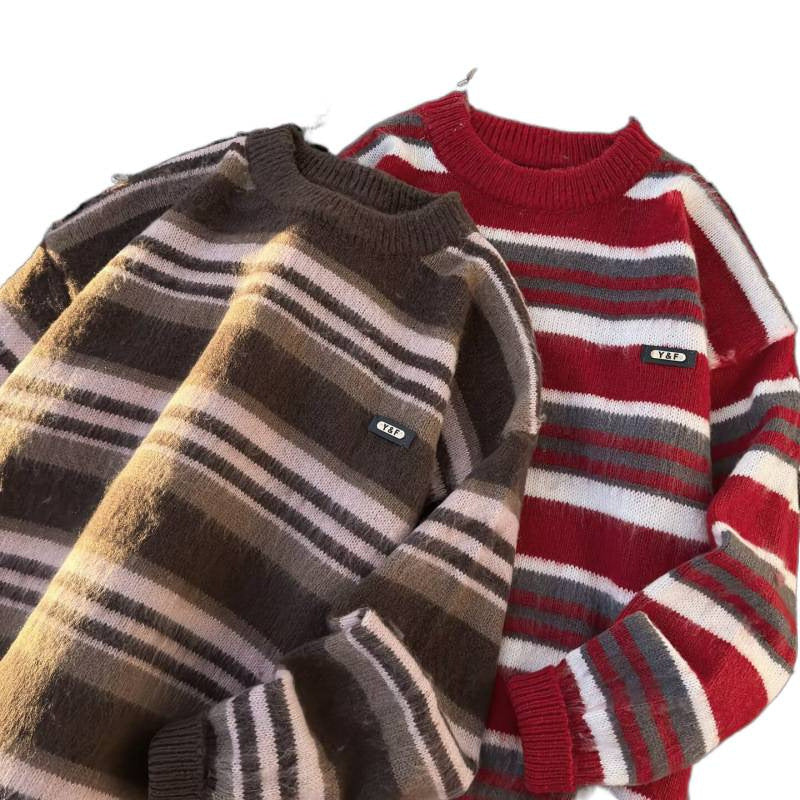 Unisex Gestreifter Oversize-Mohair‑Optik Pullover mit Rundhals und weicher Struktur Chichicherry