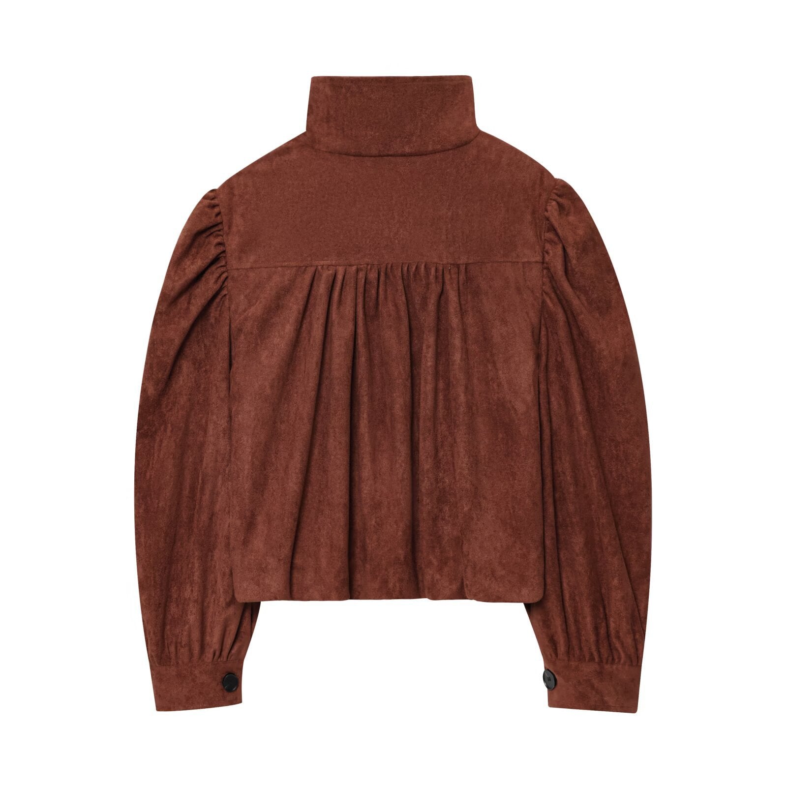 Women's short jacket made of faux suede with a stand-up collar, gathered balloon sleeves, and button placket Chichicherry