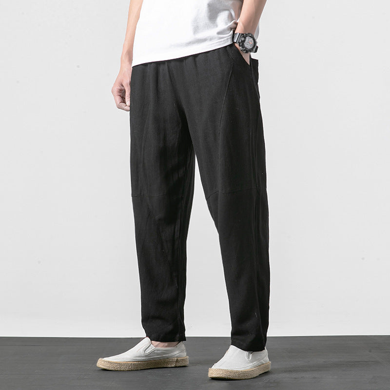 Men's Soft Linen Blend Lounge Pants with Dropped Crotch, Elastic Waistband, and Tapered Leg Chichicherry