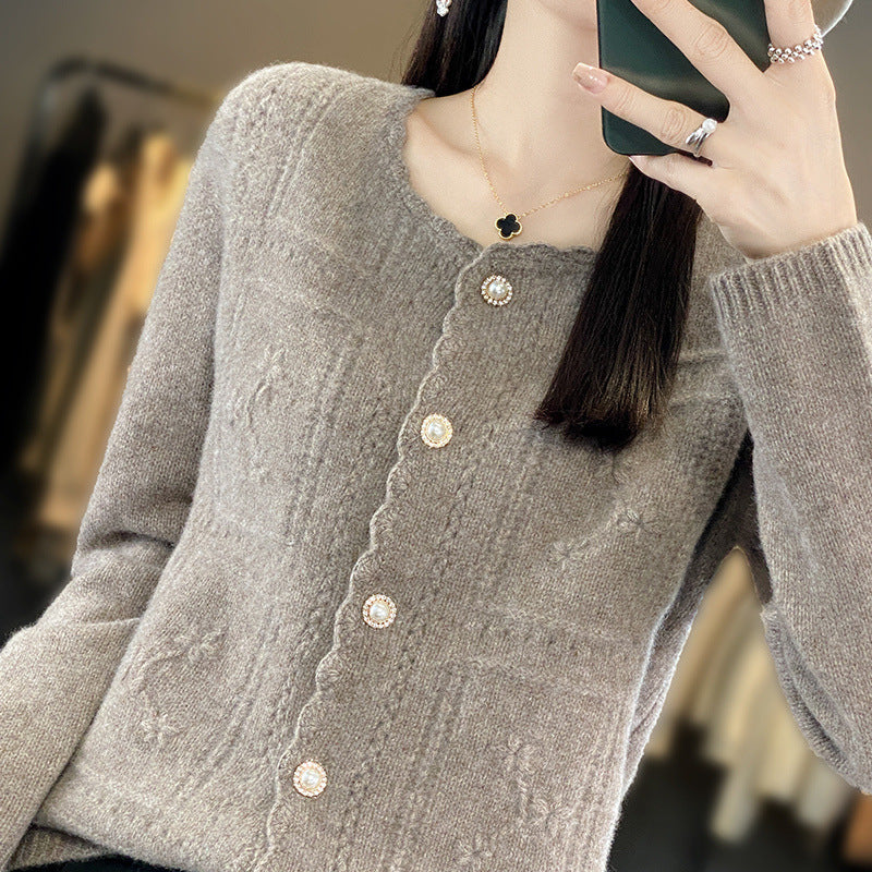 Ladies Embellished Knit Cardigan with Pearl Buttons and Openwork Embroidery Chichicherry