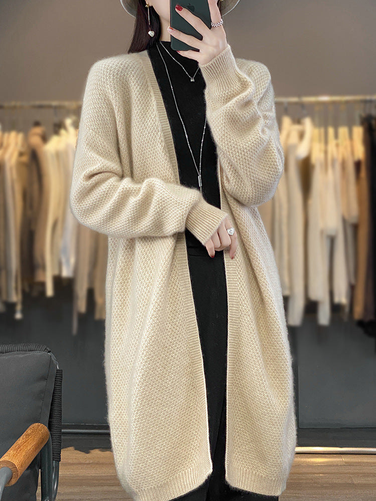 Ladies Long Open Knit Cardigan with Seed Pattern and Ribbed Finishes Chichicherry