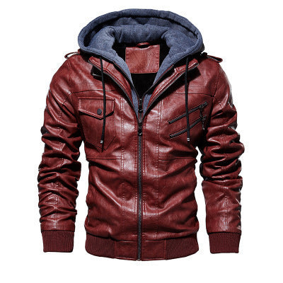 Men's faux leather flight jacket with integrated hood layer, zippered chest pocket, and ribbed cuffs Chichicherry