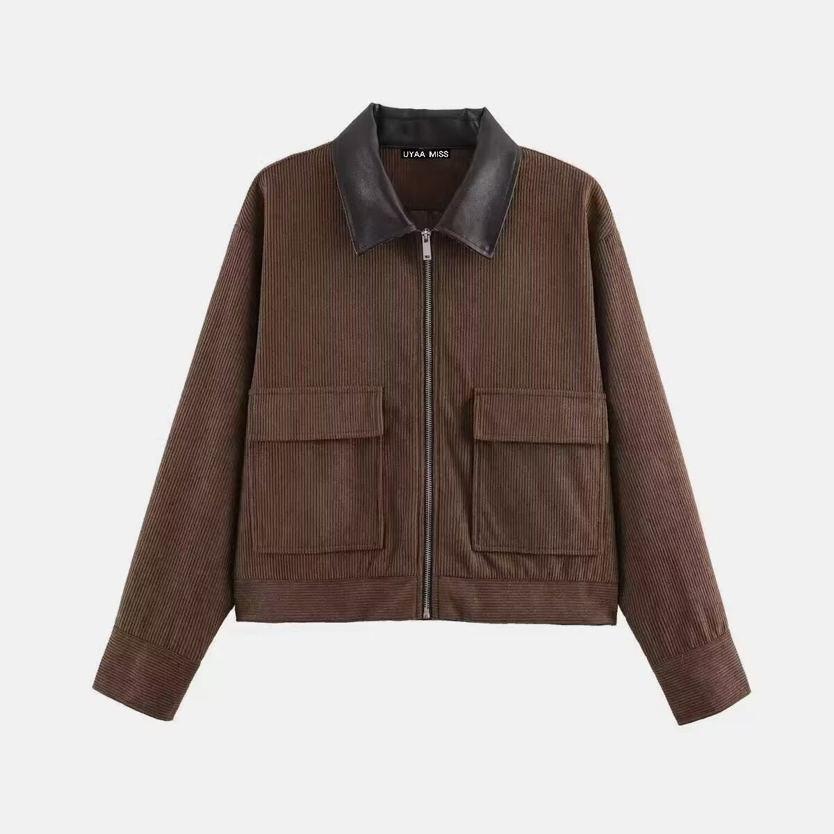 Women's Short Cord Jacket in Blouson Style with Leather Collar and Flap Pockets Chichicherry