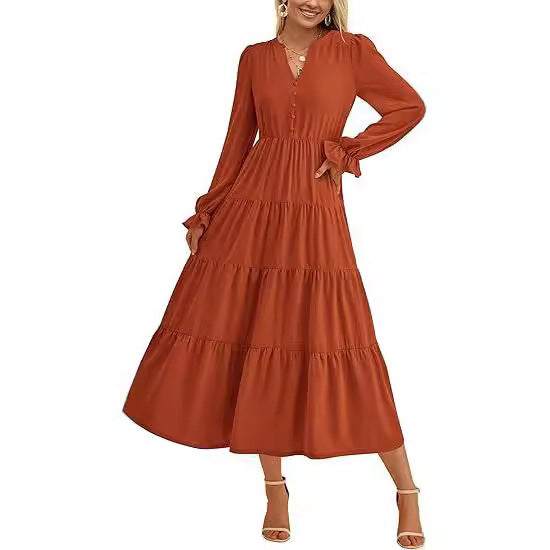 Women's Tiered Midi Dress with V-Neck, Gathered Waist Seam and Ruffle Cuffs Chichicherry