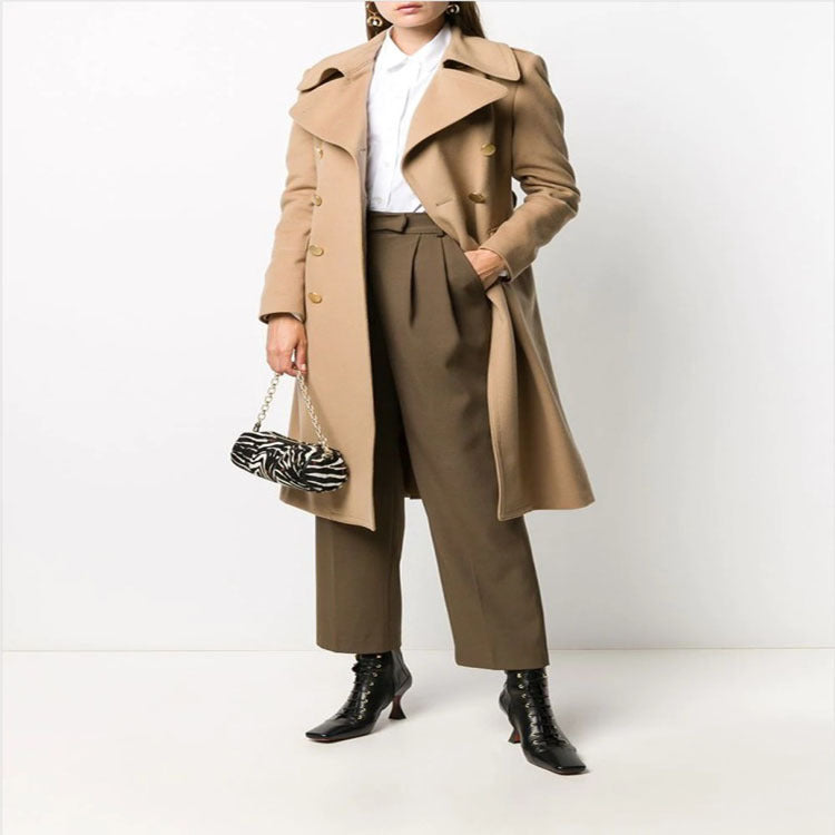 Women Tailored Double-Breasted Coat with Wide Lapels and Gold Decorative Buttons Chichicherry