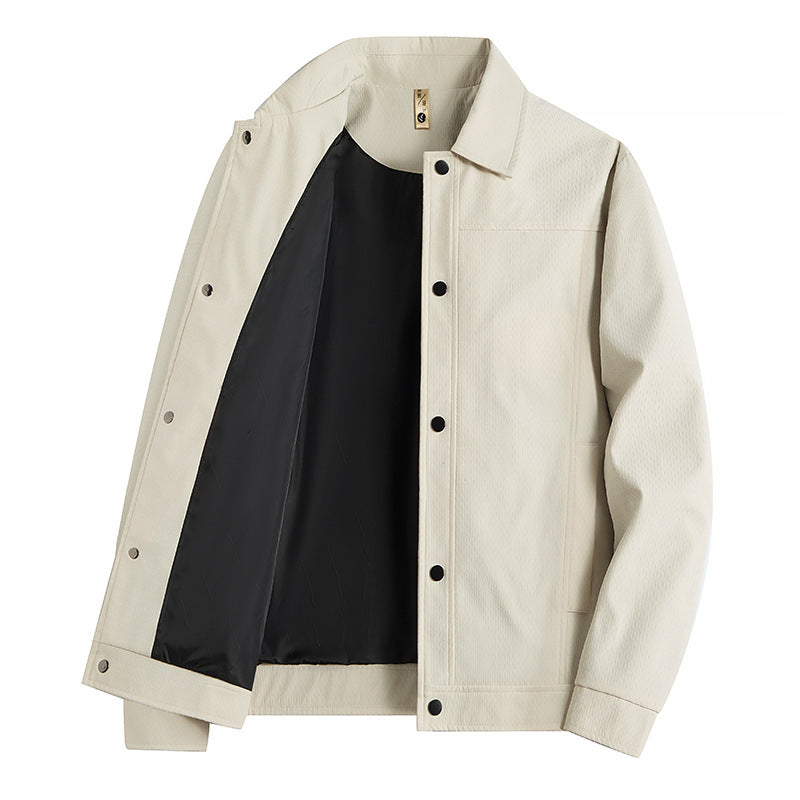 Men's Light Transitional Jacket in Worker Style with Microstructured Twill Look and Snap Button Placket Chichicherry