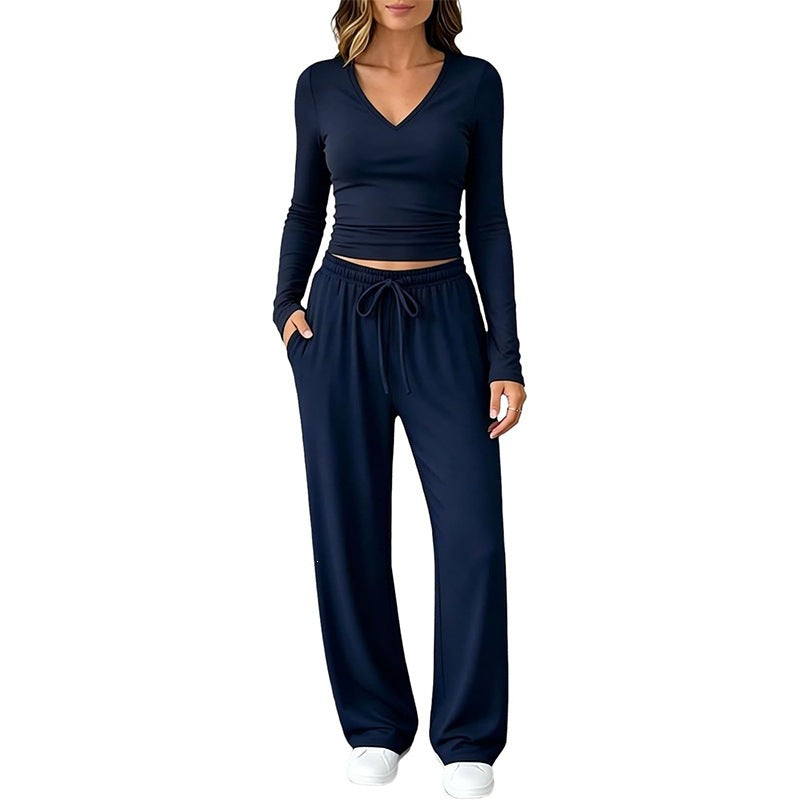 Women Two-Piece Lounge Set with Tailored V-Neck Cropped Top and Wide Drawstring Palazzo Pants Chichicherry