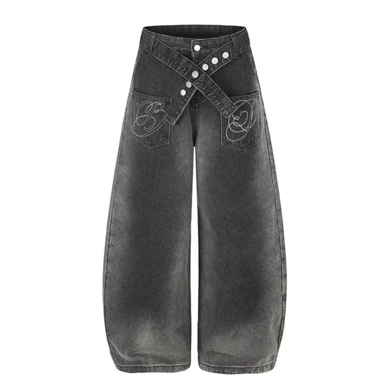Women's Extra Wide High-Waist Palazzo Jeans with Crossed Decorative Waistband and Embroidered Pockets Chichicherry
