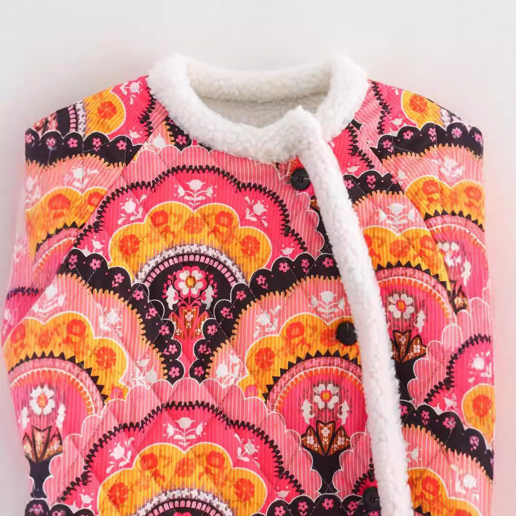 Women quilted jacket with teddy lining and retro-inspired allover print Chichicherry