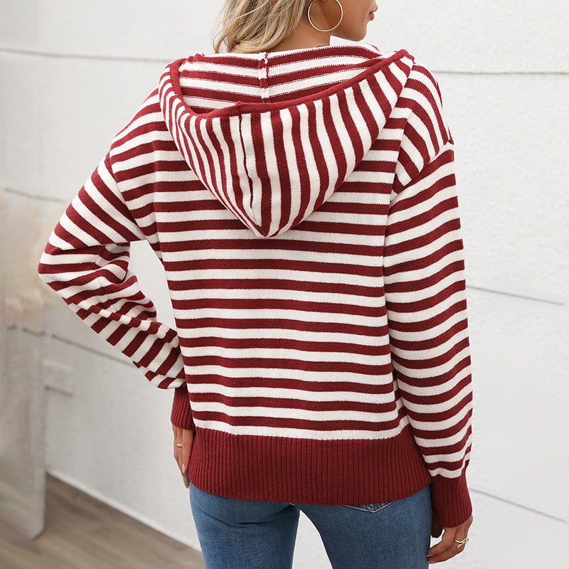 Women's Striped Hoodie with Half Zip and Ribbed Cuffs Chichicherry