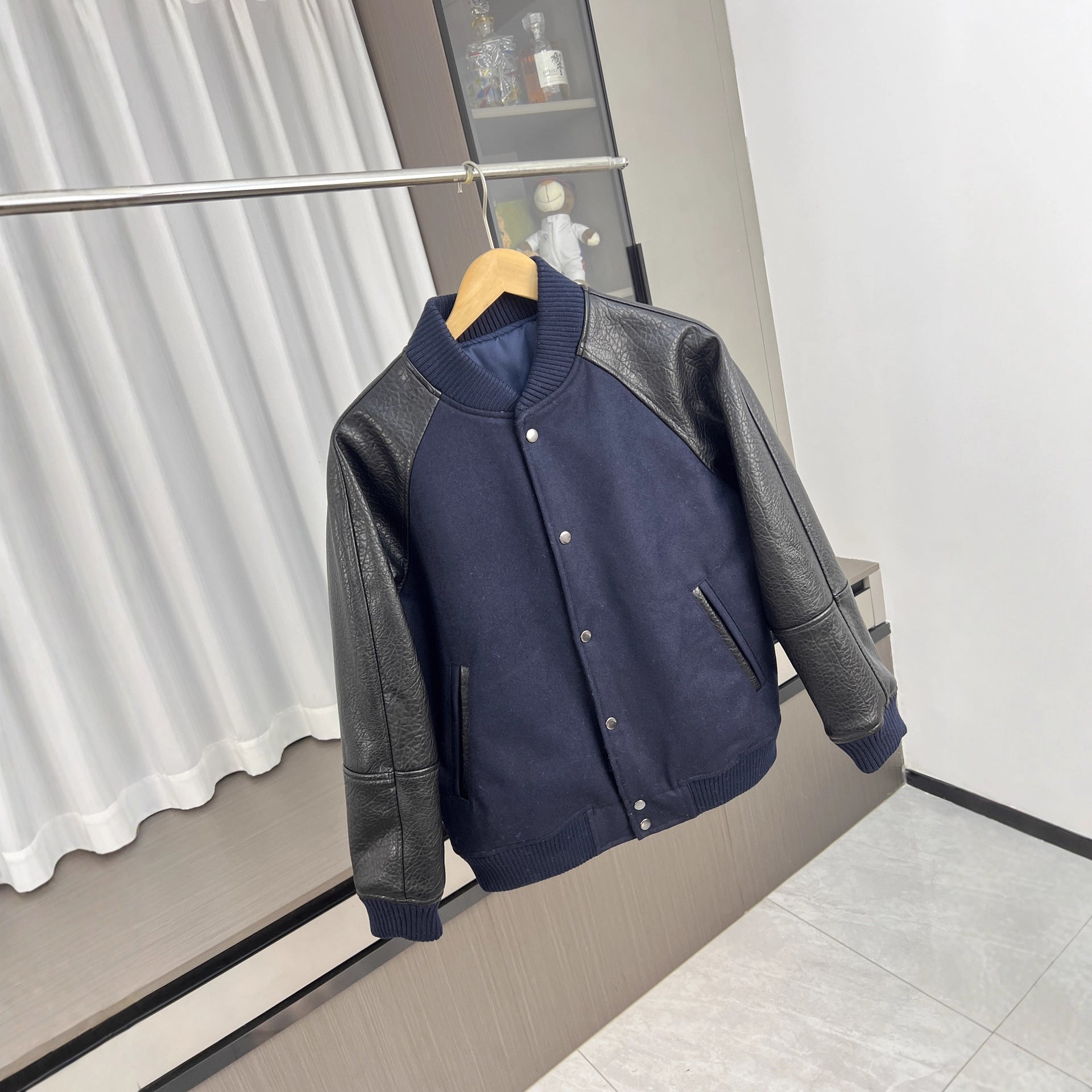 Men's College Bomber Jacket with Wool Blend Body and Structured Leather Look Sleeves Chichicherry