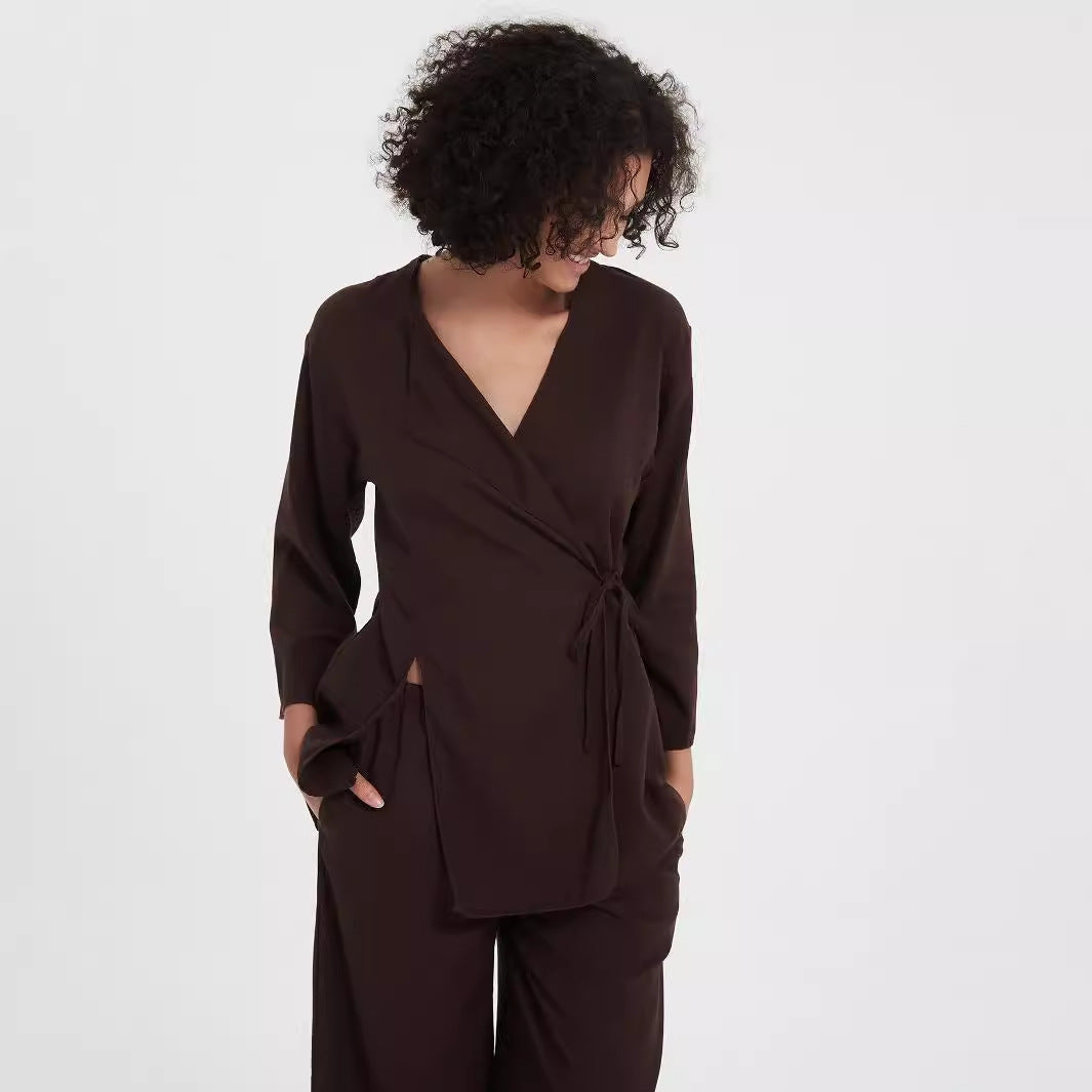 Women's two-piece wrap set made of flowing viscose blend with wide palazzo pants leg Chichicherry