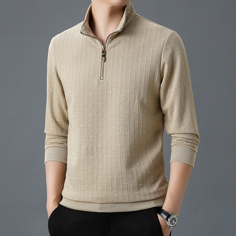 Men's Structure Jacquard Sweater with Short Zipper and Stand-Up Collar Chichicherry