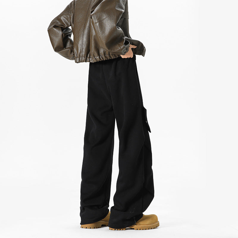 Men's Casual Cargo Fleece Pants with Wide Leg, Drawstring Waistband and Patch Flap Pockets Chichicherry
