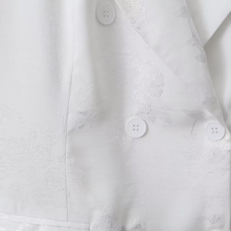 Women's Double-Breasted Satin Blazer with Floral Jacquard Pattern and Patch Pockets Chichicherry
