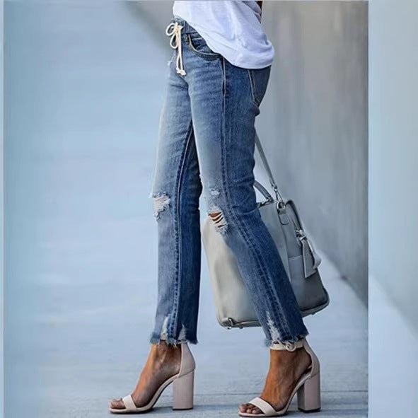 Women Cropped Denim Jeans with Drawstring Waistband, Destroyed Knee Areas and Raw Hem Chichicherry