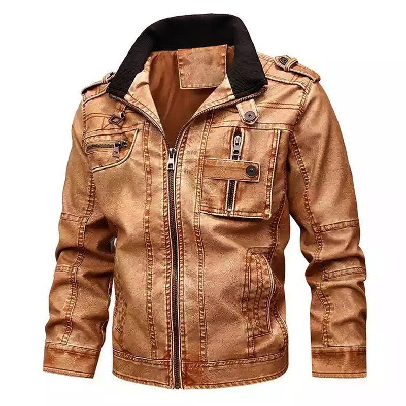 Men's vintage-inspired biker jacket in leather look with utility pockets and stand-up collar Chichicherry