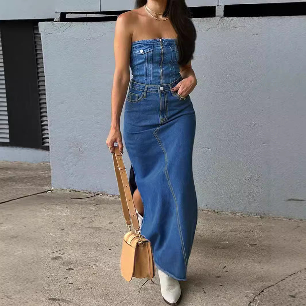 Ladies High-Waist Maxi Skirt made of Denim with front decorative seam and side leg slit Chichicherry