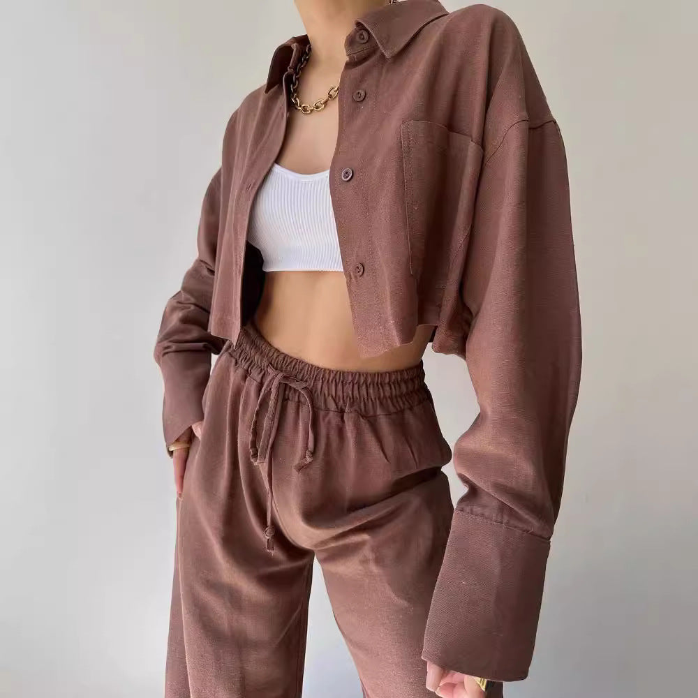 Damen Leinenoptik-Loungewear-Set mit Cropped-Overshirt und High-Waist-Tunnelzughose Chichicherry