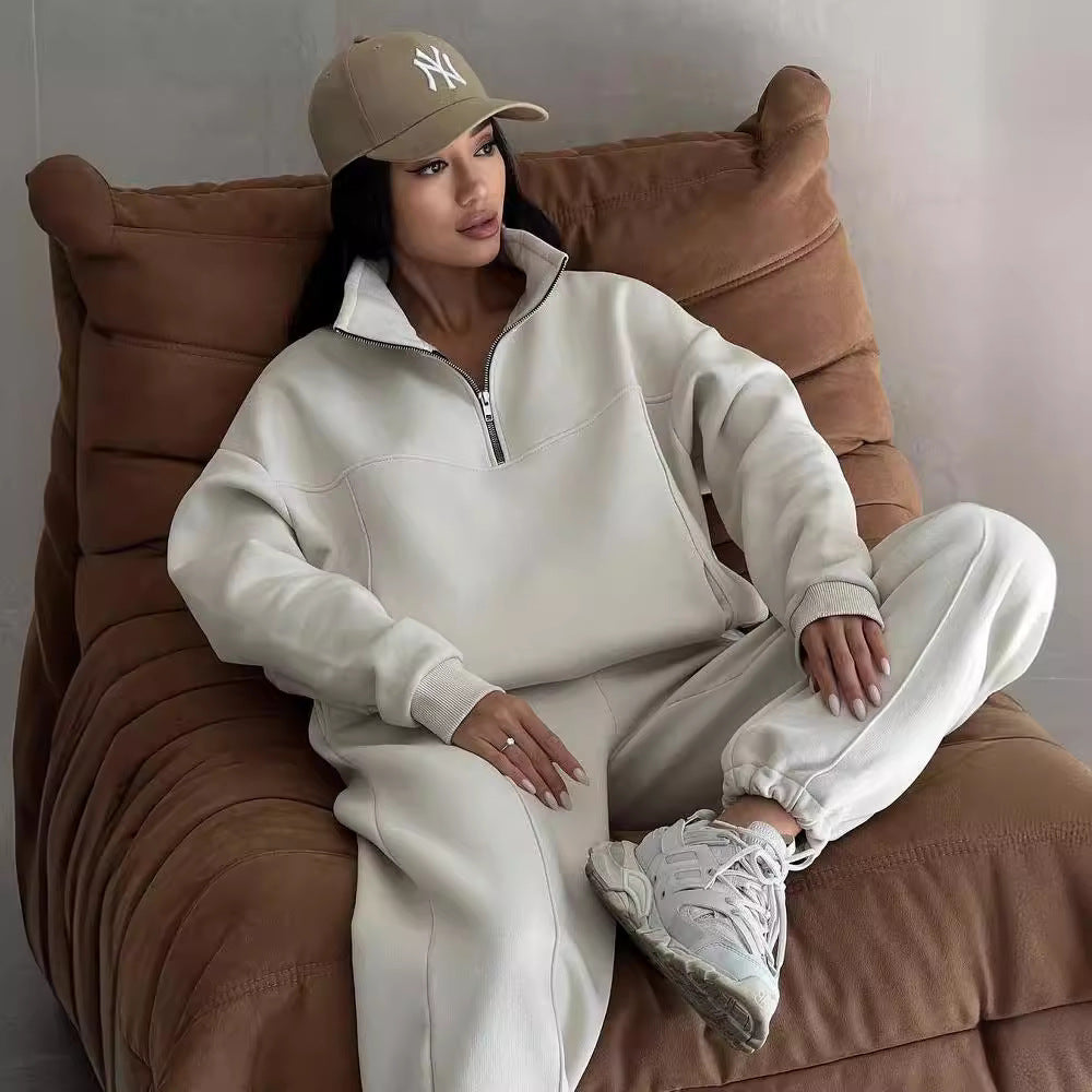 Damen Weiches Oversized Lounge-Set mit Troyer-Kragen, Eingrifftaschen und schmeichelhafter High-Waist Hose Chichicherry