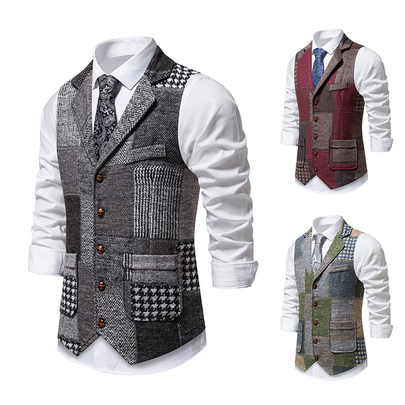 Men's Patchwork Tweed Vest with Notched Lapel and Flap Pockets Chichicherry