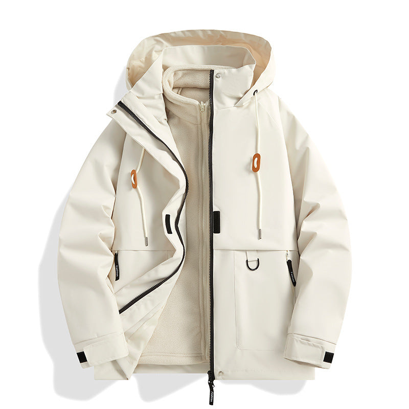 Men's Multi-layer Softshell Utility Jacket with Integrated Fleece Inner Jacket, Drawstring Hood and Multi-functional Pockets Chichicherry