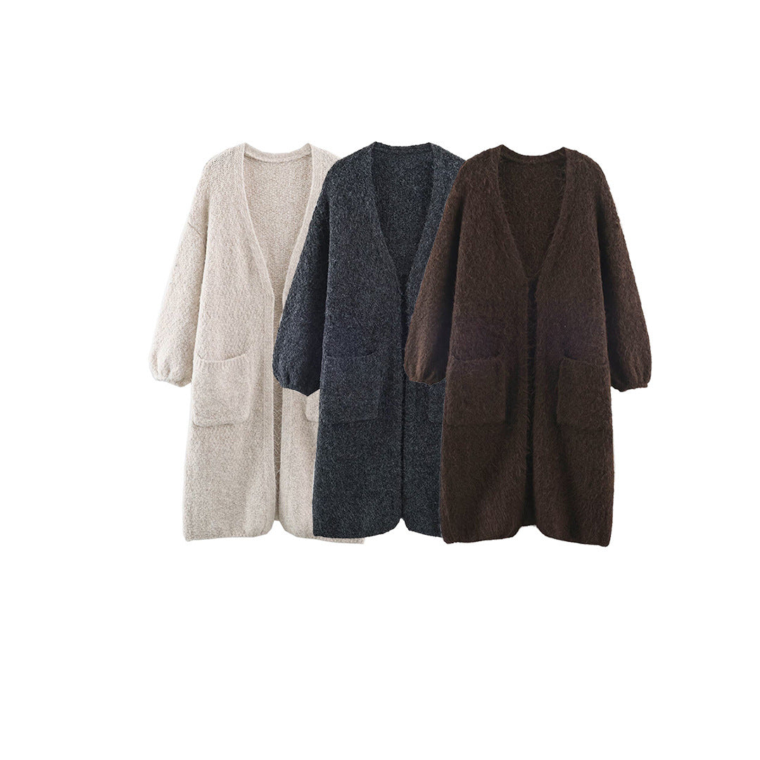 Women's Oversized Knit Coat with V-Neck, Cozy Boucle Look and Patch Pockets Chichicherry