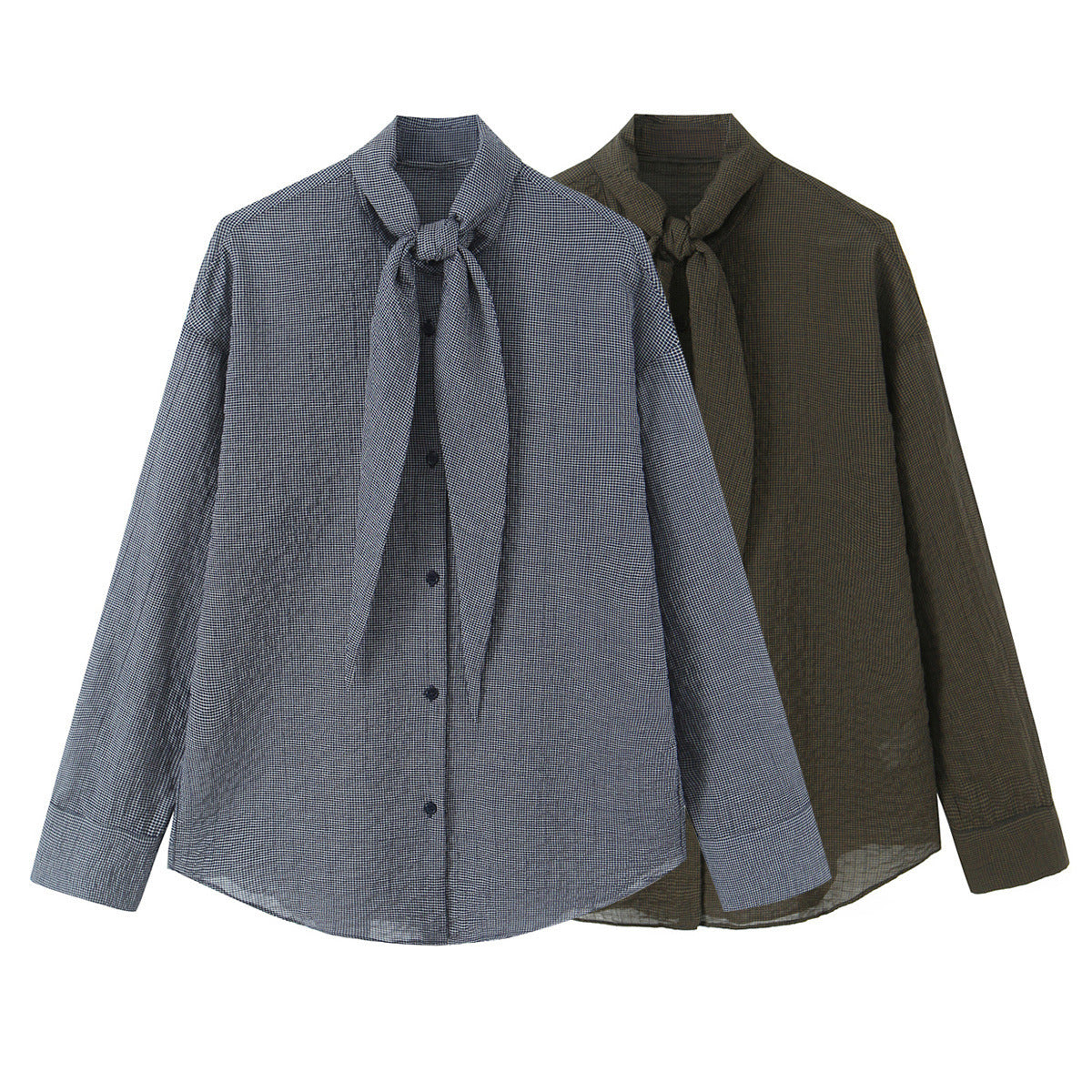 Women's Oversize Blouse with Bow Collar and Fine Vichy Check Chichicherry