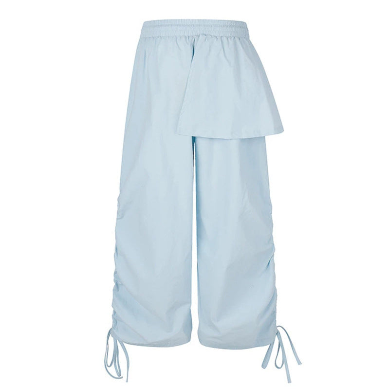 Women Wide Capri Pants with Drawstring, Side Gather and Asymmetrical Overlay Chichicherry