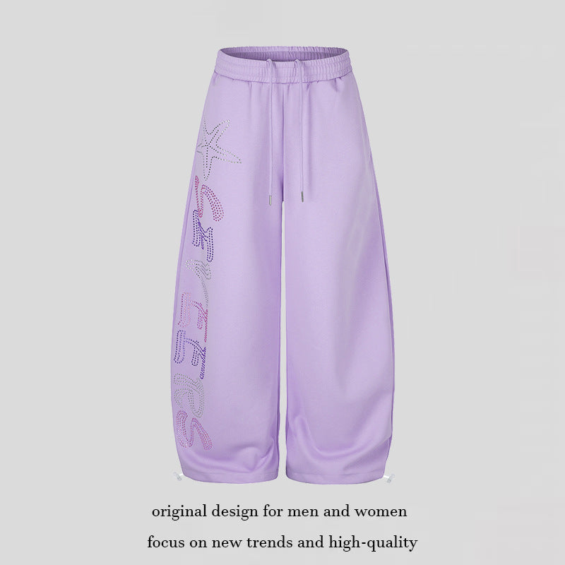 Women's Extra Wide Palazzo Jogger Pants with Drawstring Waistband, Adjustable Hem and Rhinestone Lettering Chichicherry