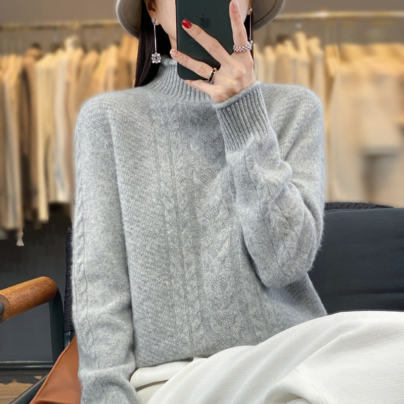 Women's Soft Cable Knit Mock Neck Sweater with Cashmere-like Feel and Extended Ribbed Cuffs Chichicherry