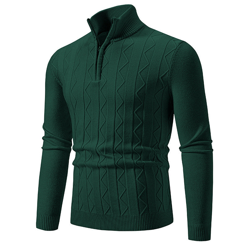 Men Slim-Fit Half-Zip Knit Sweater with Mock Neck, Cable Knit Pattern and Ribbed Cuffs Chichicherry