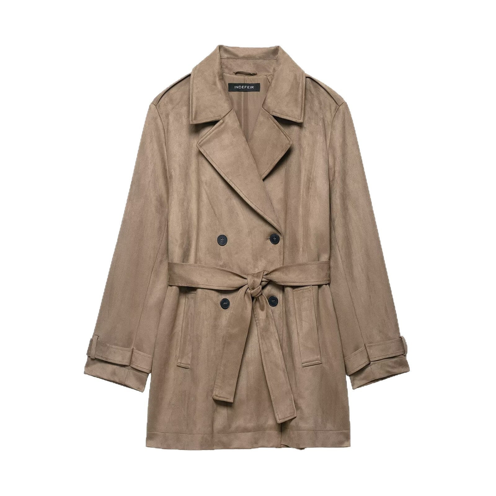 Women's Double Breasted Suede Effect Trench Coat with Waist Belt Chichicherry