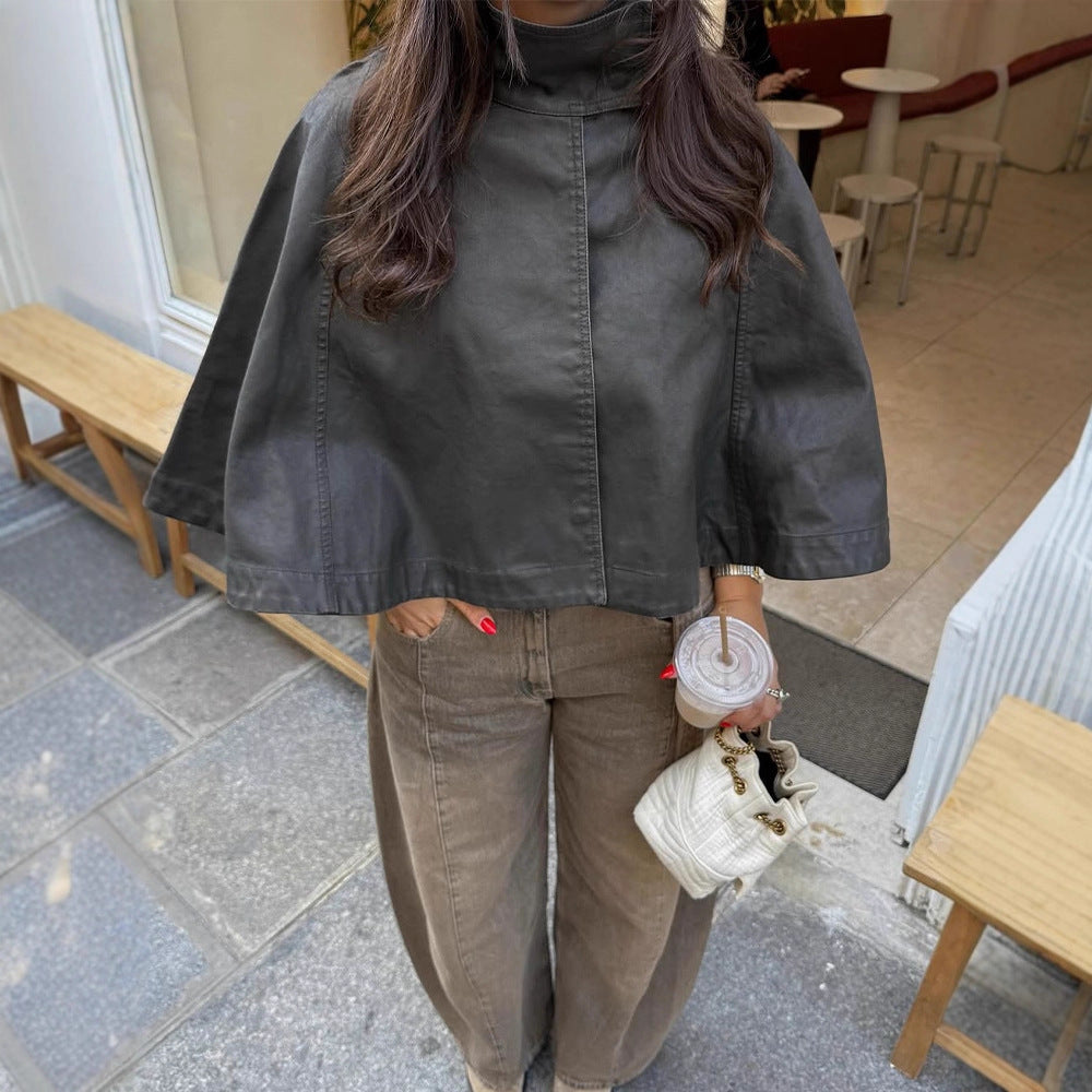 Women's Short Leather Cape Jacket with High Stand Collar and Boxy Cropped Silhouette Chichicherry
