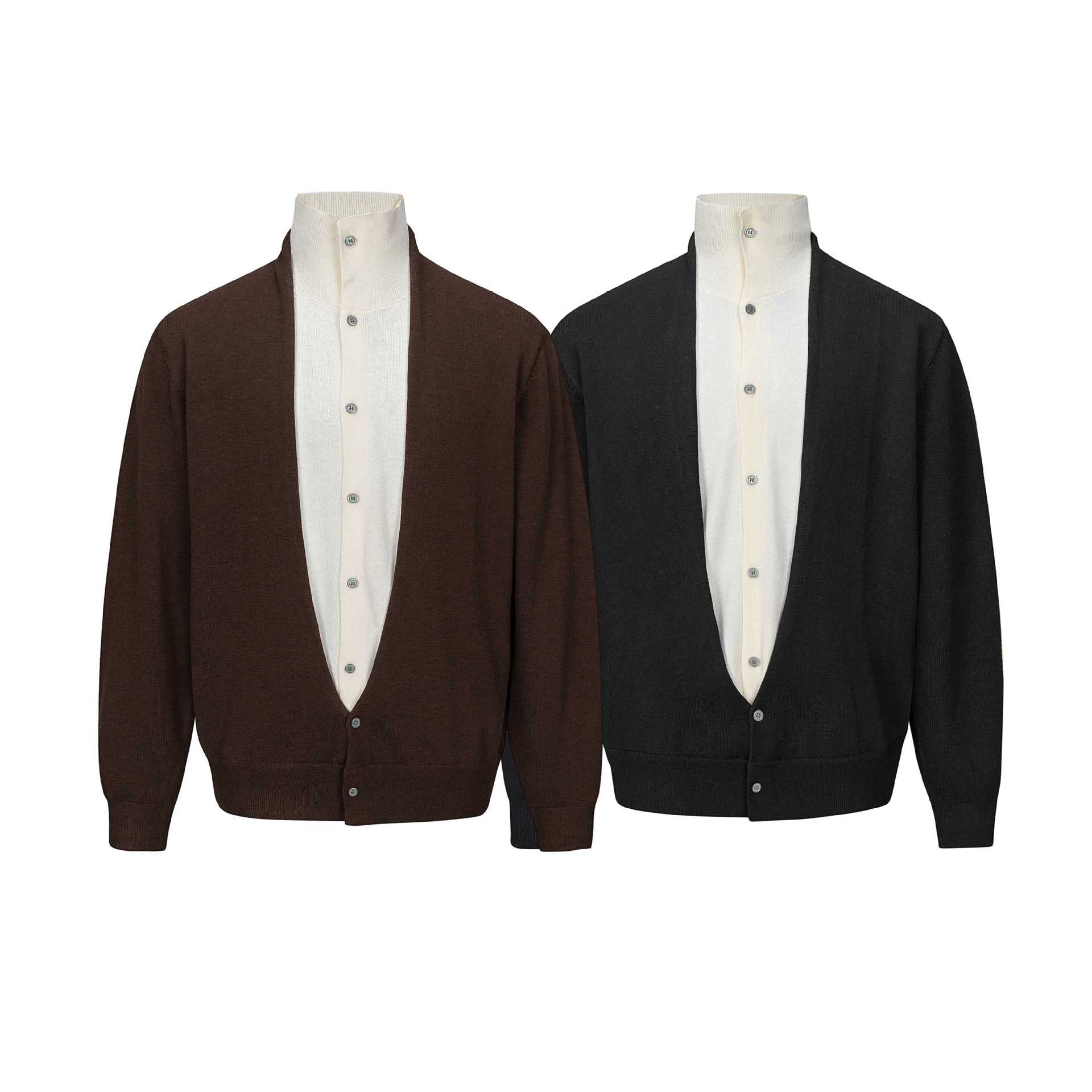 Men's fine-knit layering cardigan with deep V-neck and integrated polo collar Chichicherry