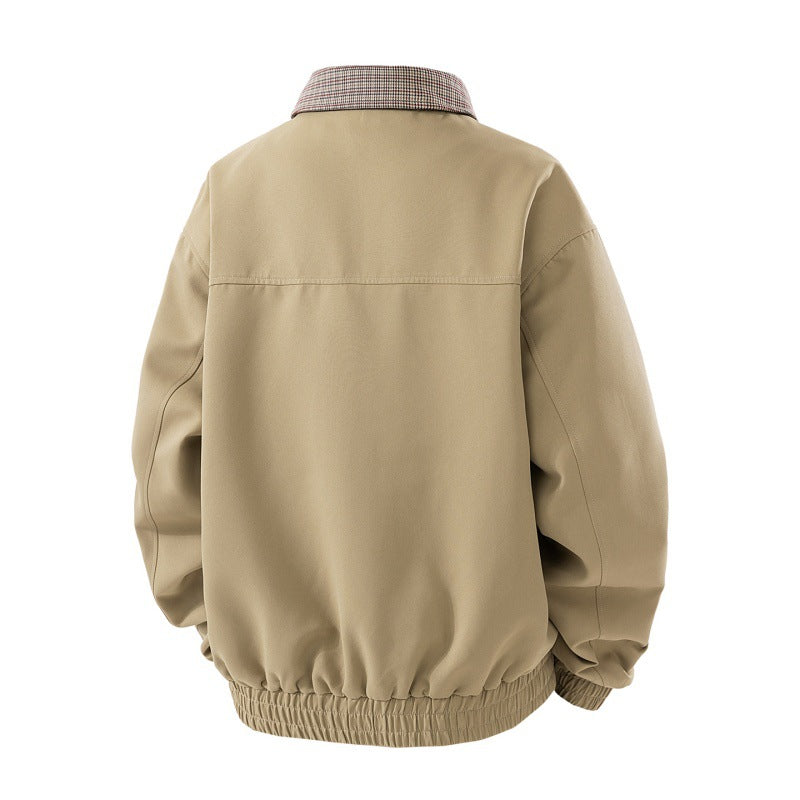 Men's Light Canvas Blouson with Check Collar, Zipper and Snap Button Placket Chichicherry