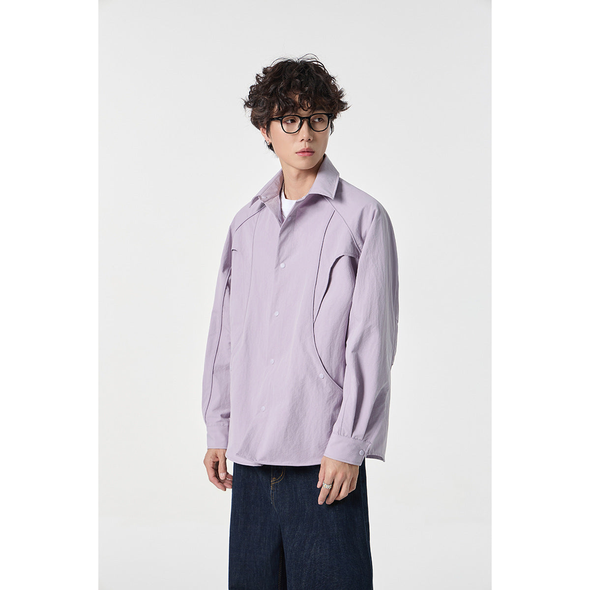 Women's Oversized Shirt Jacket with Curved Seam and Snap Button Placket Chichicherry